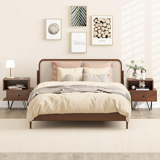 Set di 2 Comodini, Tavolino Moderno con Cassetto Rimovibile, Scomparto Aperto e Gambe in Metallo, Mobile per Camera da Letto, Soggiorno e Ufficio (Noce)