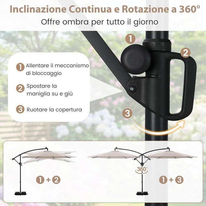 Ombrellone da Giardino 290 cm, con 96 Luci LED, Ombrellone Esterno con Base, Inclinazione Regolabile, Rotazione a 360°, Manovella, Parasole da Giardino (Beige)