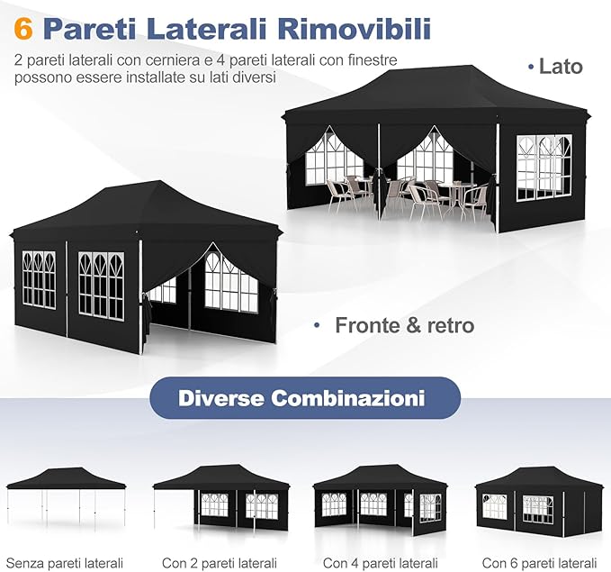 Gazebo da Giardino 3 x 6 m, Tendone per Feste con 6 Pannelli Laterali Rimovibili, con Borsa da Trasporto, Design Pop-up, per Matrimonio Eventi e Barbecue (Nero)
