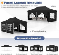 Gazebo da Giardino 3 x 6 m, Tendone per Feste con 6 Pannelli Laterali Rimovibili, con Borsa da Trasporto, Design Pop-up, per Matrimonio Eventi e Barbecue (Nero)