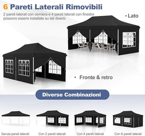 Gazebo da Giardino 3 x 6 m, Tendone per Feste con 6 Pannelli Laterali Rimovibili, con Borsa da Trasporto, Design Pop-up, per Matrimonio Eventi e Barbecue (Nero)