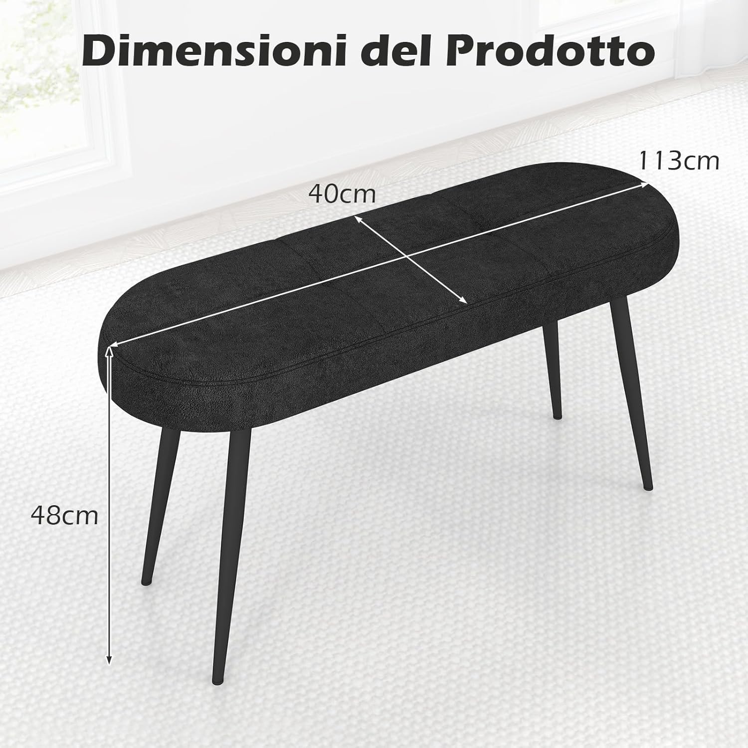 Panca Scarpiera da 113 cm, Panca da Ingresso con Cuscino Imbottito in Spugna e Gambe Metalliche Solide, Panca Fondo Letto per Soggiorno Camera da Letto, Carico 300 kg (Nero)
