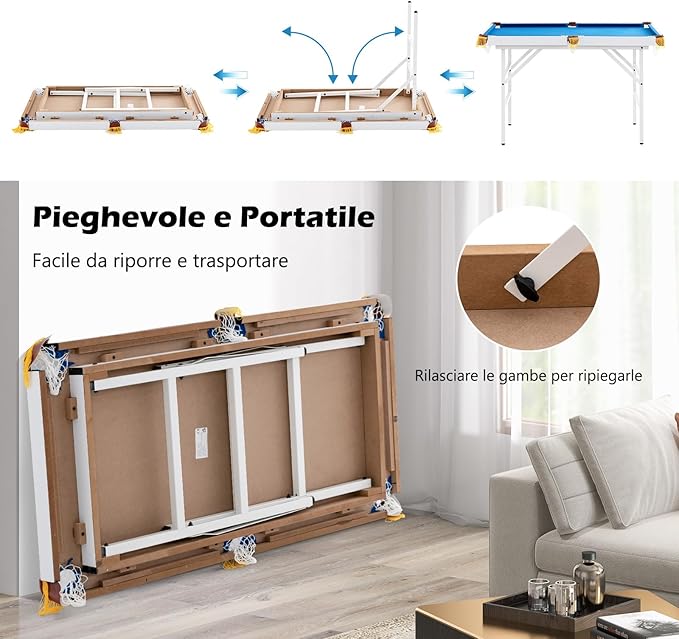 Tavolo da Biliardo Pieghevole, Mini Tavolo da Gioco Biliardo con Set di Accessori Stecche Palline Gessetti e Spazzola, Piedi Regolabili, per Sala Giochi bar Palestra, 122x64x78 cm