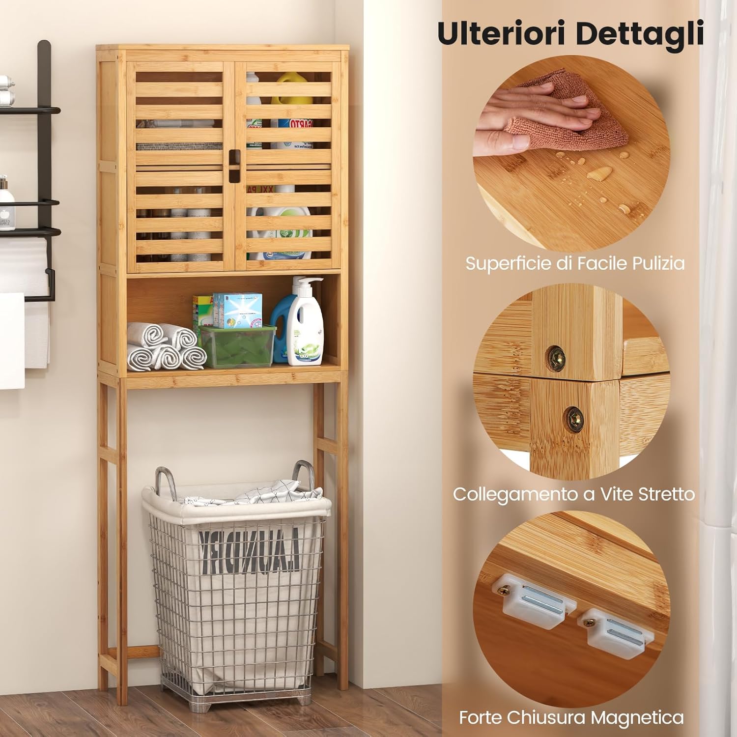 Scaffale Bagno in Bambù 170cm sopra WC, Mobile Bagno Salvaspazio con 2 Porte e Mensola Aoerta, Organizzatore sopra Gabinetto per Lavanderia, Naturale