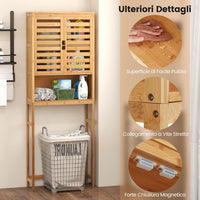 Scaffale Bagno in Bambù 170cm sopra WC, Mobile Bagno Salvaspazio con 2 Porte e Mensola Aoerta, Organizzatore sopra Gabinetto per Lavanderia, Naturale