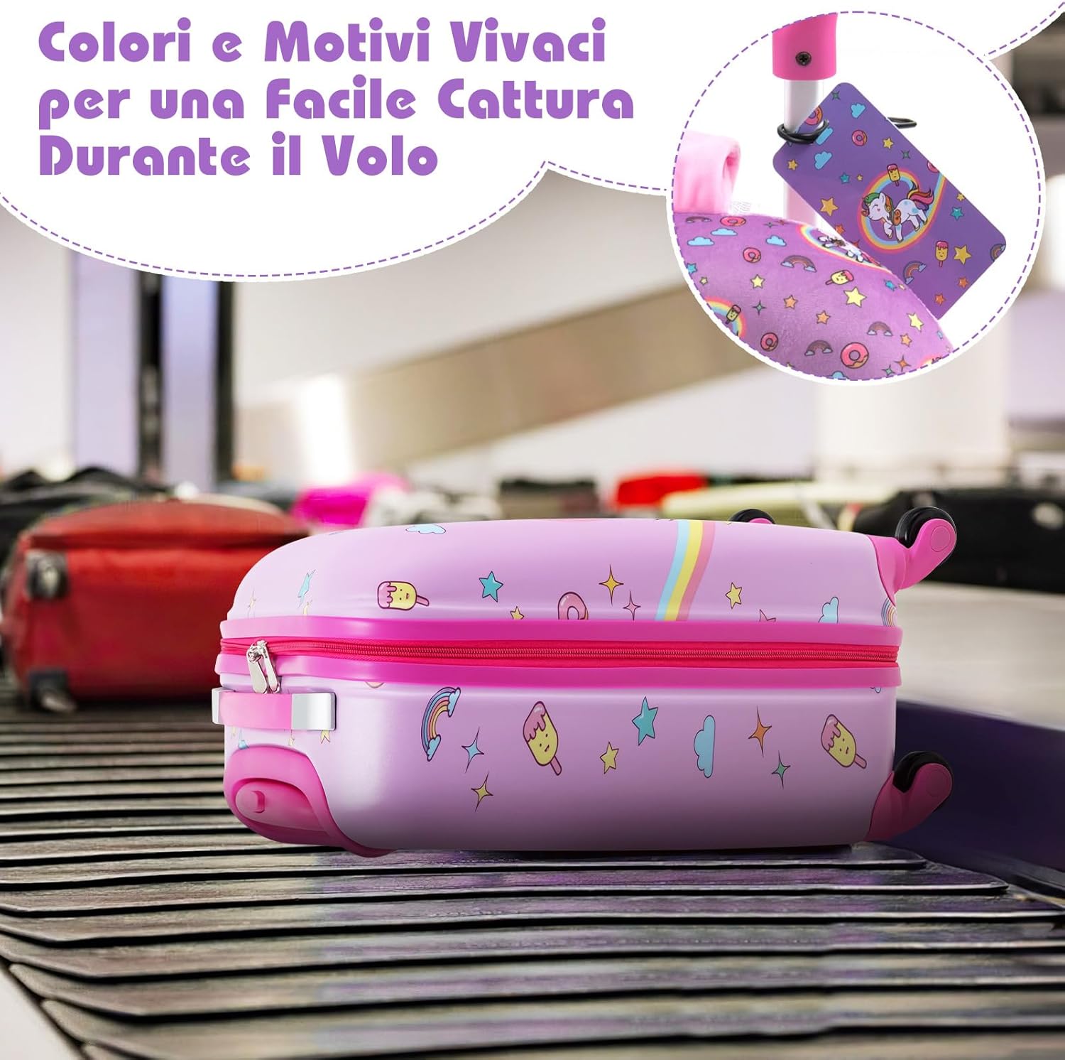 5 Pezzi Valigia per Bambini, Valigia con ManicoTelescopico da 16" con 13" Zainetto, Cuscino per Il Collo, Etichetta per Bagaglio, Borsa per Il Pranzo, con Ruote Girevoli a 360 ° (Modello 1)