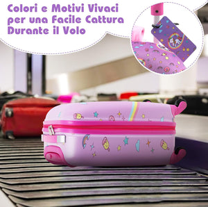 5 Pezzi Valigia per Bambini, Valigia con ManicoTelescopico da 16" con 13" Zainetto, Cuscino per Il Collo, Etichetta per Bagaglio, Borsa per Il Pranzo, con Ruote Girevoli a 360 ° (Modello 1)