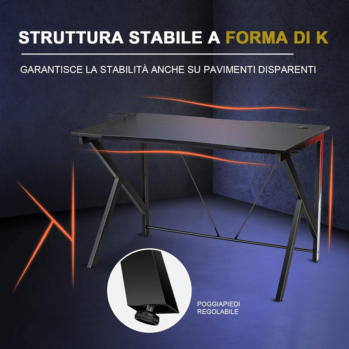 Scrivania Gaming Ergonomica, Tavolo da Gioco per Computer, con Porta Bicchiere e Gancio per Cuffie, Nero 115x73x76,5 cm