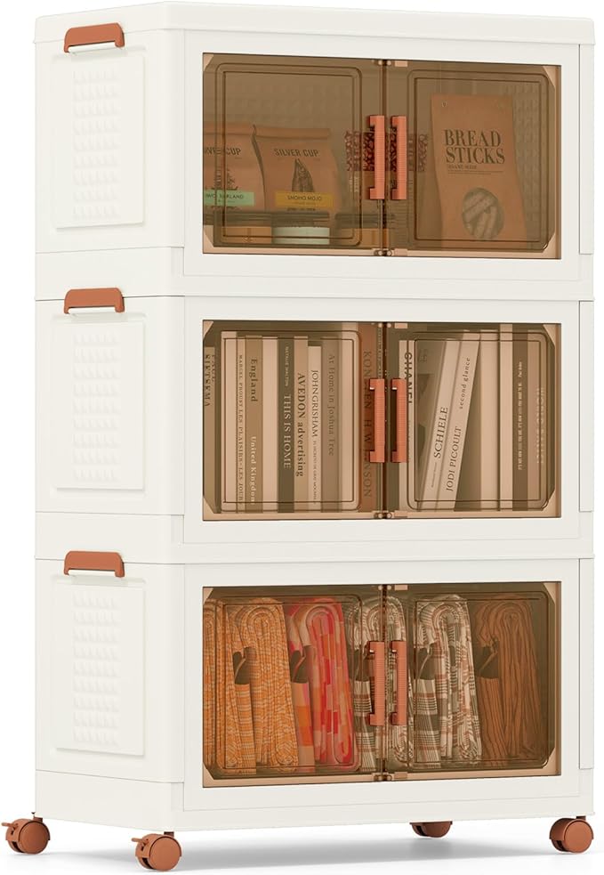 Contenitori Pieghevoli con Coperchio, Set da 4/3 Scatole di Plastica Impilabili con Ruote, per Organizzatore di Armadio con Porte a Apertura Frontale, Multiuso (62,5 x 34,5 x 99,5 cm)