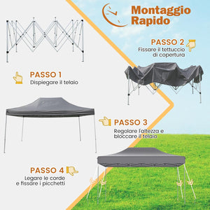 Gazebo Pop-up Pieghevole 3 x 4,5 m, Gazebo da Giardino Impermeabile Altezza Regolabile con Fori di Drenaggio, Tenda da Giardino Antivento con Borsa di Trasporto a Ruote (Grigio)