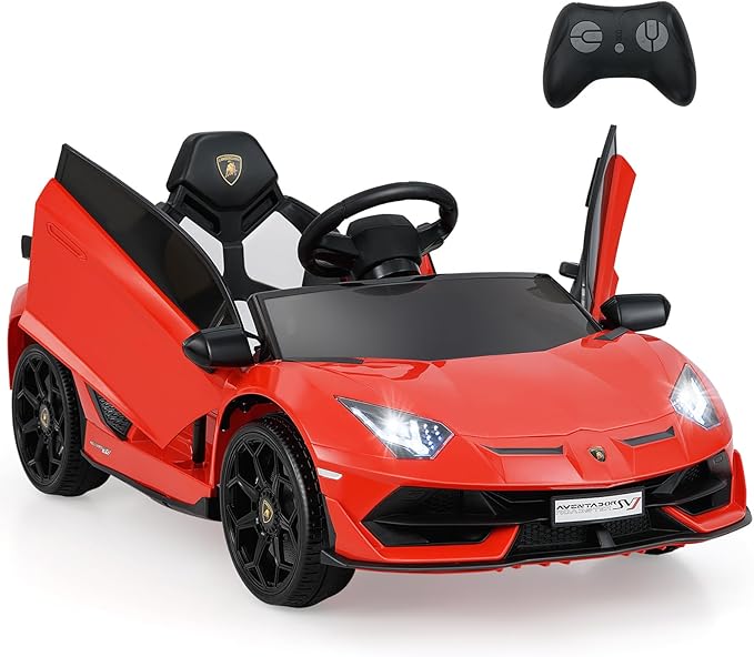 12V Lamborghini Macchina Elettrica per Bambini, Veicolo Elettrico con Telecomando Sospensione a Molla Luci LED MP3, 3-5 km/h, per Bambini 3 Anni+ (Rosso)
