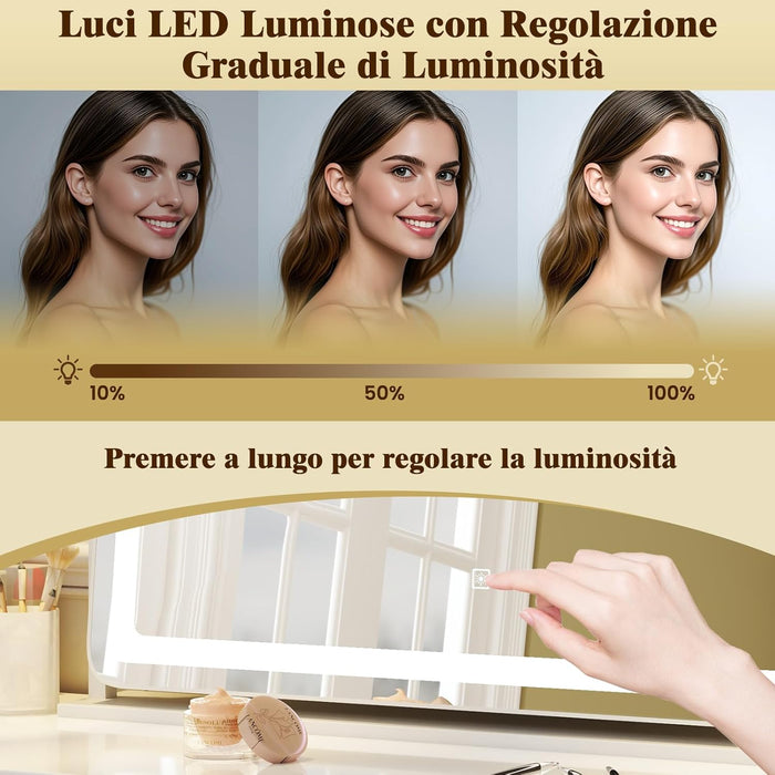 Speechio da Trucco con Luci Regolabile in Luminosit¨¤ e a 3 Colori, Specchio da Tavolo con Specchio Ingrendimento 10X, Specchio da Trucco a Rotazione, 80 x 55 cm, Bianco