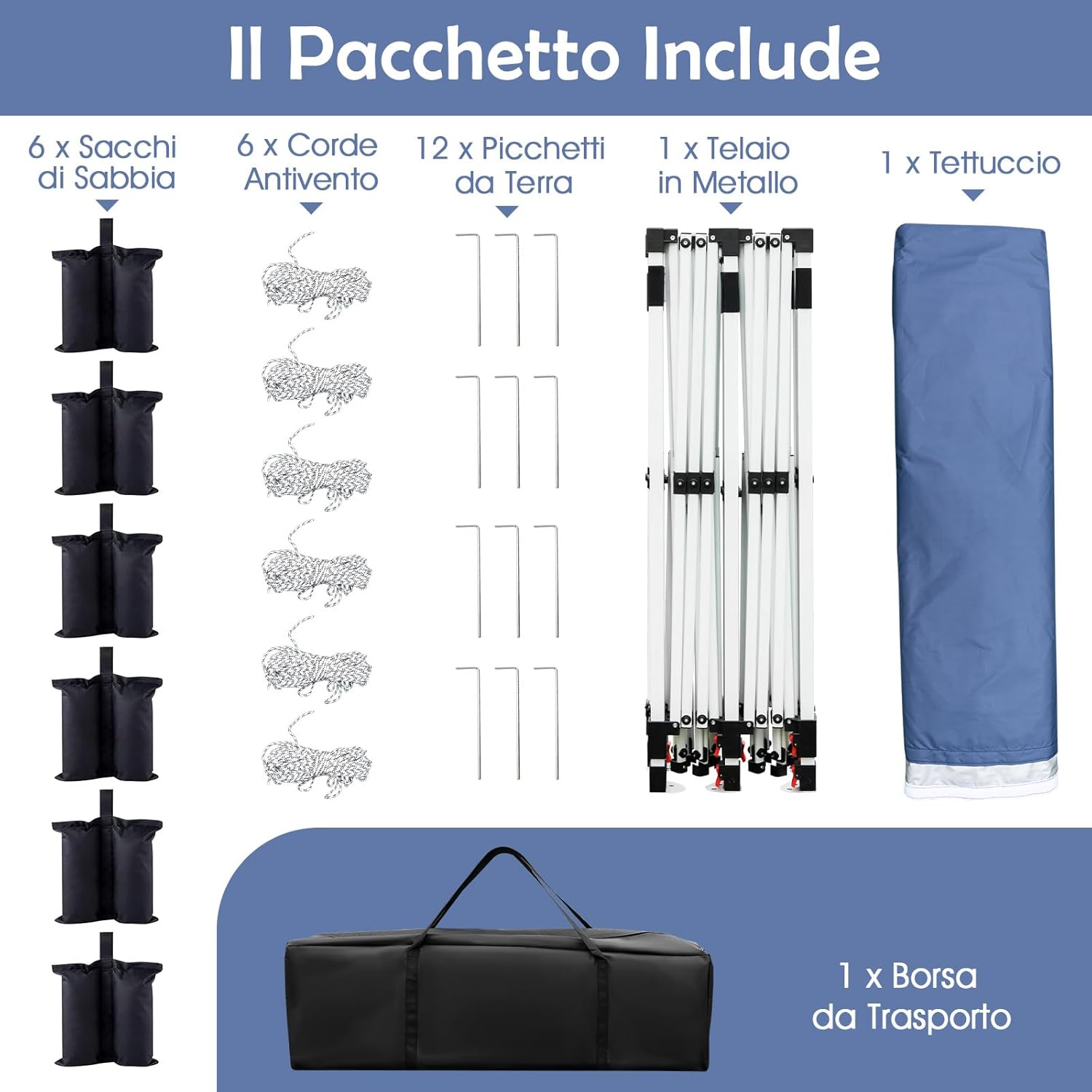 Gazebo Pieghevole da Giardino 3 x 6m, Gazebo Pop-up con Borsa da Trasporto, Regolabile in Altezza, per Feste (Blu)