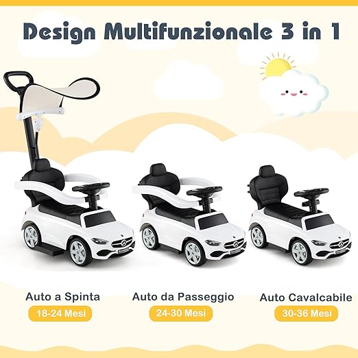 3 in 1 Auto a Spinta, Mercedes-Benz Macchina Cavalcabile, con Schienale Regolabile Suono Barra di Spinta e Tettuccio, per Bambini 18-36 Mesi (Bianco)