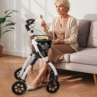 Deambulatore Sedia a Rotelle Pieghevole, Deambulatore per Anziani Leggero con Vassoio, Cesto, 4 Ruote e Freni, Deambulatore Regolabile in Altezza e Adatto per Spazi Stretti