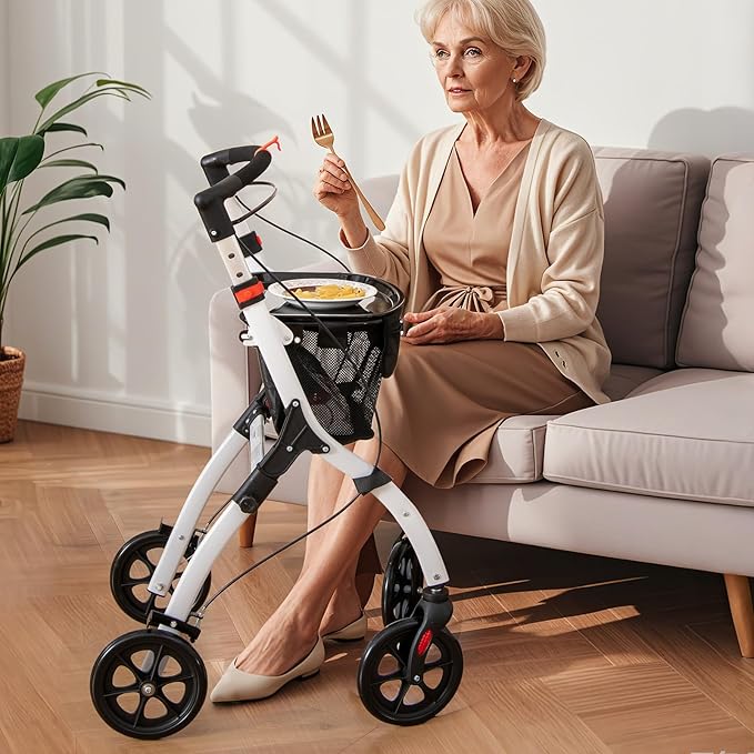 Deambulatore Sedia a Rotelle Pieghevole, Deambulatore per Anziani Leggero con Vassoio, Cesto, 4 Ruote e Freni, Deambulatore Regolabile in Altezza e Adatto per Spazi Stretti