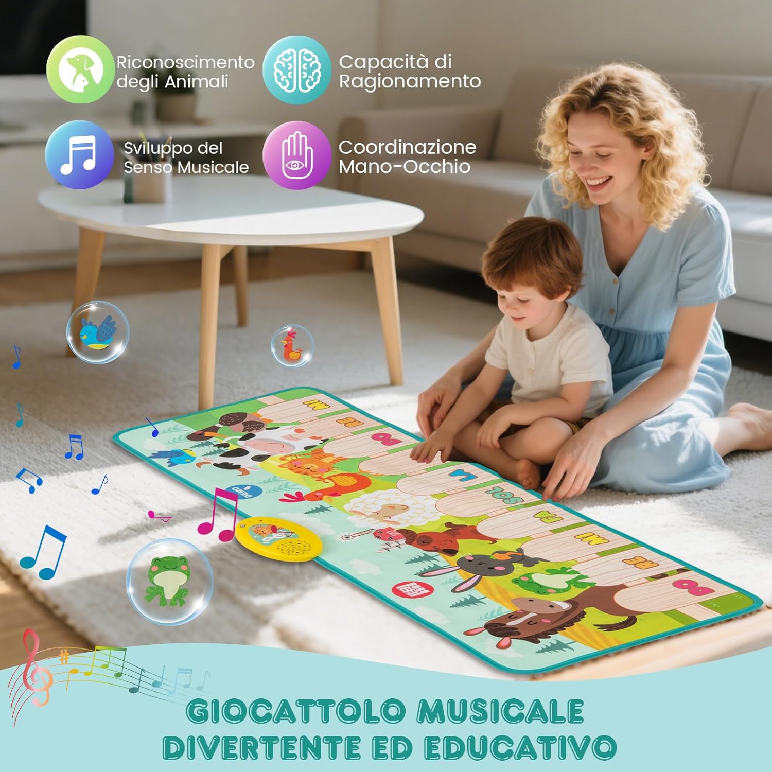 Tappeto Musicale per Bambini, Tappetino per Pianoforte da Interno & Esterno con Suoni di Fattoria con Animali e 10 Tasti di Pianoforte, Tappeto con 10 Canzoni Incorporate