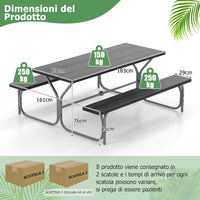 Set Tavolo da Picnic con Panca da 183 cm, Tavolo da Campeggio con 2 Panche per 8 Persone, Foro per Ombrellone, per Giardino, Campeggio, terrazza, Portato Totale 650 kg (Nero)