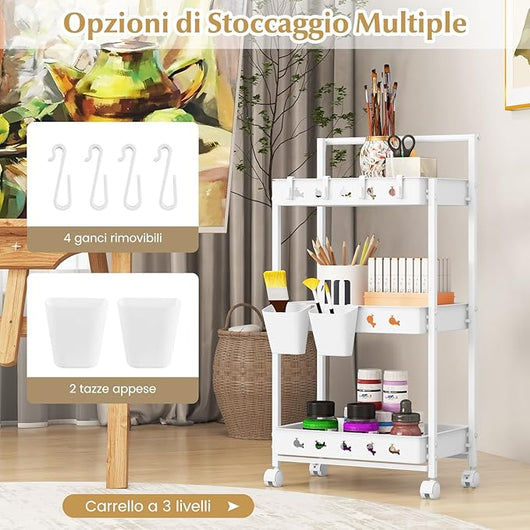 Carrello Portaoggetti a 3 Livelli con Ruote, Carrello di Stoccaggio con 2 Tazze Appese e 4 Ganci, Organizzatore Mobile con Maniglia per Ufficio Soggiorno Cucina e Bagno, Multiuso