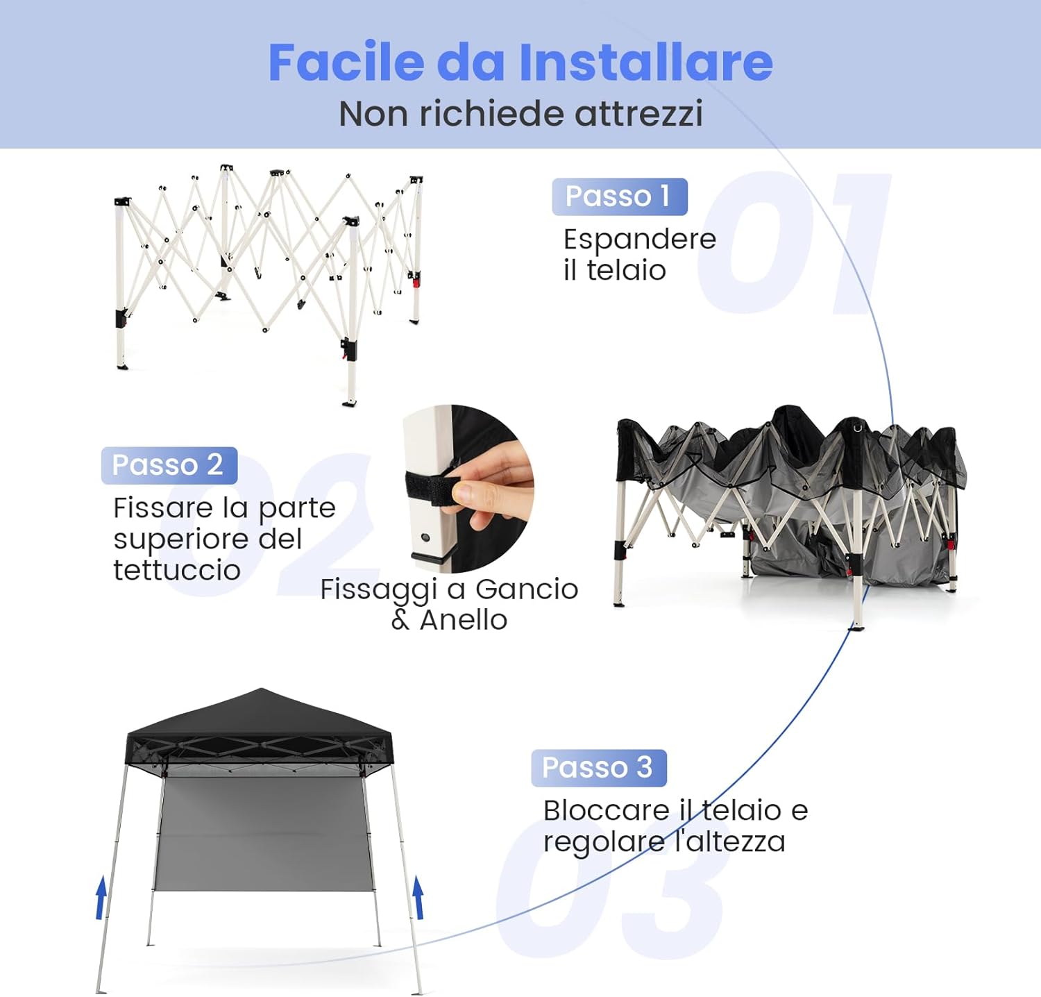 Gazebo Pop-up da Esterno 182 x 182 cm, Gazebo Pieghevole con 1 Parete Laterale, Gambe Inclinabili Regolabili e 4 Picchetti, Tendone Impermeabile per Feste, Campeggio e Picnic (Nero)