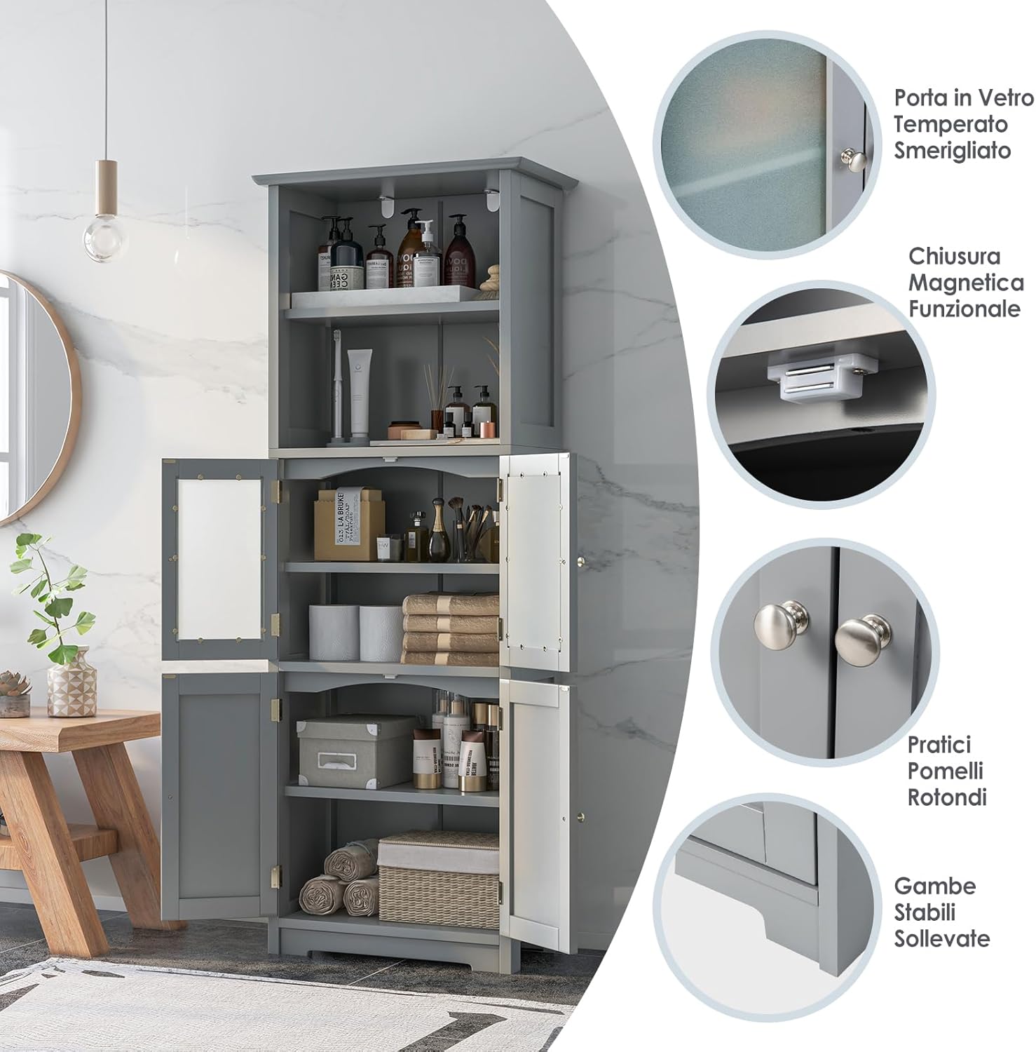 Armadio da Bagno, Mobiletto Alto da Terra con 2 Armadietti e Ripiani Regolabili, con Ante in Vetro, Mobile Portaoggetti Multiusi per Bagno Soggiorno, 60x30x163 cm (Grigio)