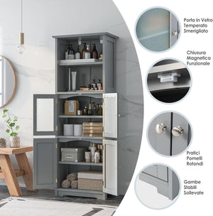 Armadio da Bagno, Mobiletto Alto da Terra con 2 Armadietti e Ripiani Regolabili, con Ante in Vetro, Mobile Portaoggetti Multiusi per Bagno Soggiorno, 60x30x163 cm (Grigio)