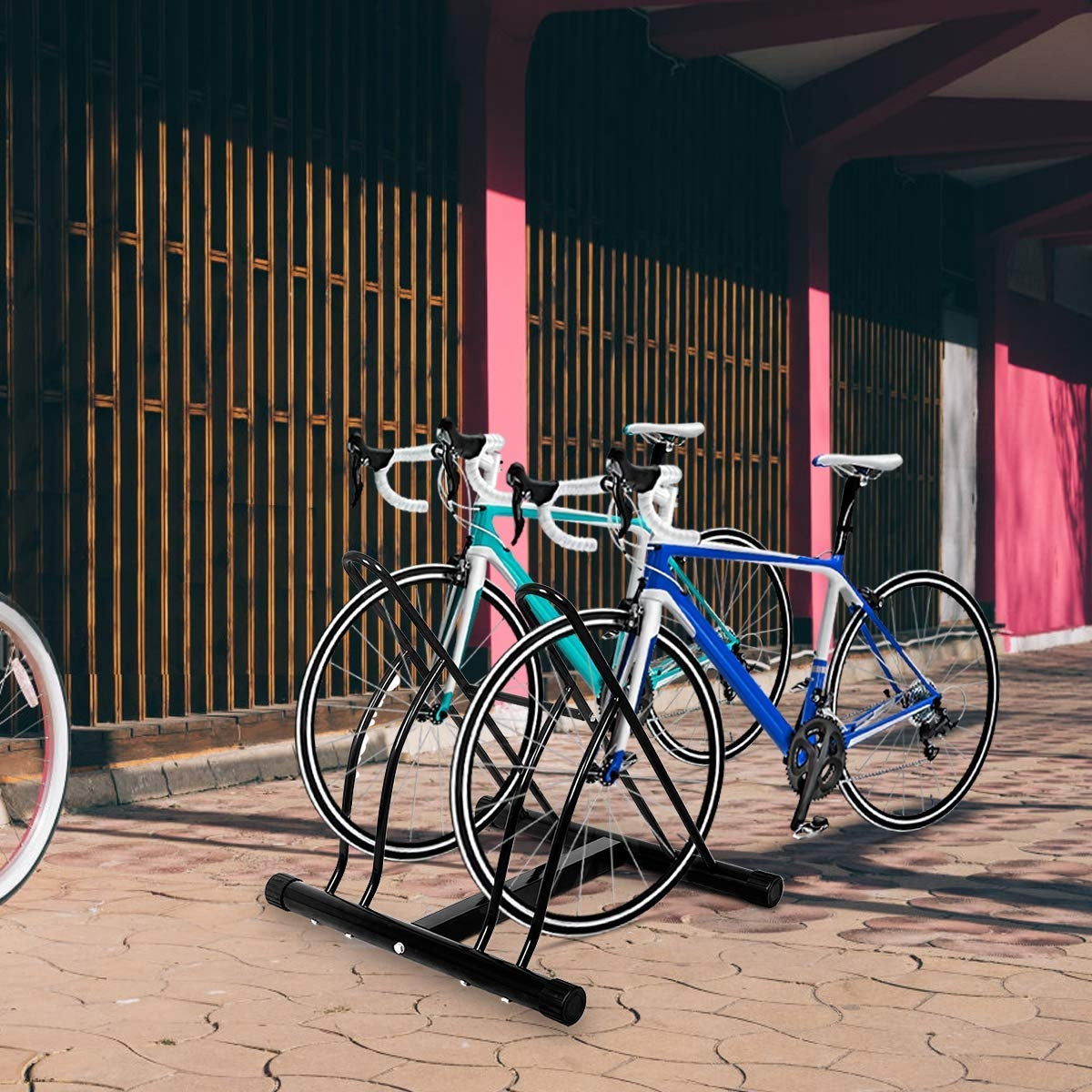 Portabiciclette rastrelliera 2 posti in acciaio da pavimento o da parete esterno 61,4x54x57,5cm Nero-Ciclismo