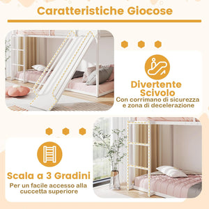 Letto a Castello per Bambini 90x200 cm, Letto Montessori con Scivolo Scala, Struttura in Metallo e Sponda di Sicurezza, Forma di Casa, senza Bisogno di Rete a Molle, Portata 110 kg (Bianco)