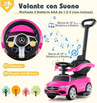 3 in 1 Auto a Spinta, Mercedes-Benz Macchina Cavalcabile, con Schienale Regolabile Suono Barra di Spinta e Tettuccio, per Bambini 18-36 Mesi (Rosa)