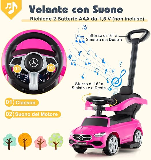 3 in 1 Auto a Spinta, Mercedes-Benz Macchina Cavalcabile, con Schienale Regolabile Suono Barra di Spinta e Tettuccio, per Bambini 18-36 Mesi (Rosa)