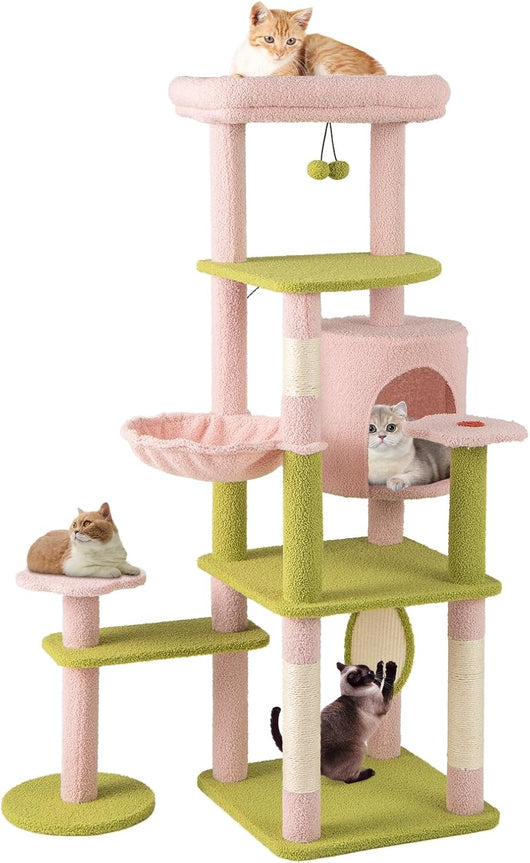 Tiragraffi per Gatto Alto 150 cm Stile Floreale, Albero Tiragraffi Gatti con Pali in Sisal, Piattaforme, Grotta e Pompon, Torre Gatto Rivestito in Peluche, Rosa e Verde