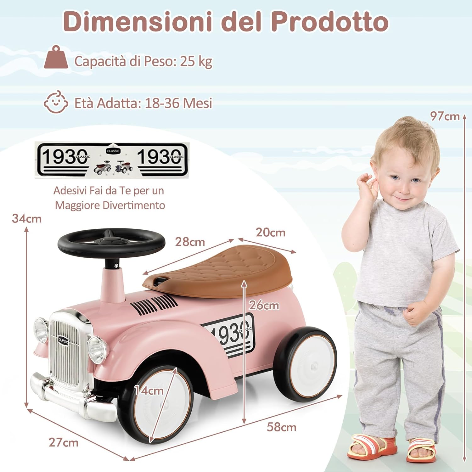 Macchinina Cavalcabile a Spinta per Bambini, Macchinina Giocattolo con Spazio di Archiviazione Ruote e Adesivi, Regalo per Bambini 18-36 Mesi (Rosa)
