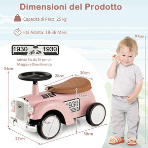 Macchinina Cavalcabile a Spinta per Bambini, Macchinina Giocattolo con Spazio di Archiviazione Ruote e Adesivi, Regalo per Bambini 18-36 Mesi (Rosa)