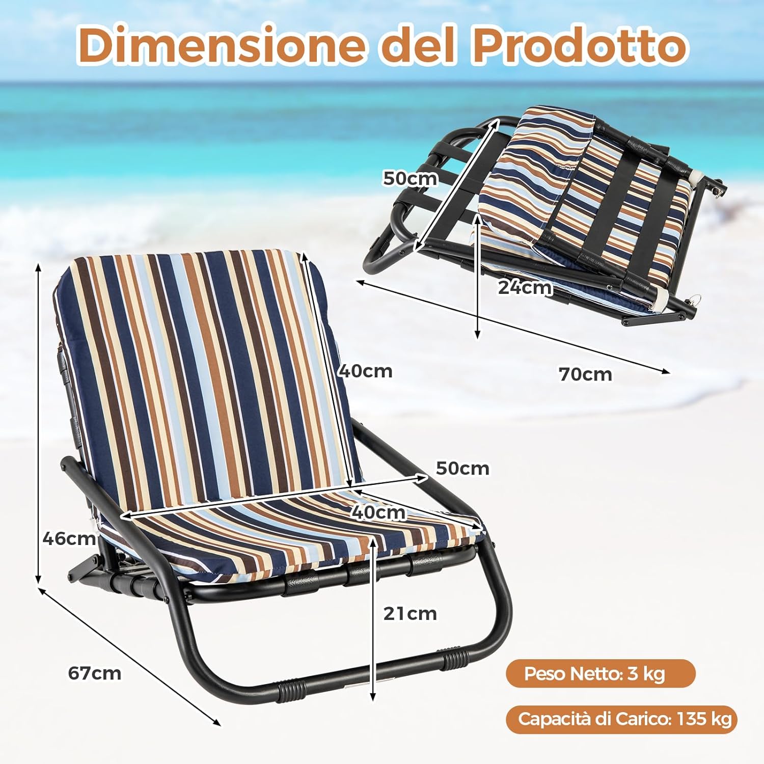 Set di 2 Sedie da Spiaggia, Sedia da Spiaggia Pieghevole con Cuscino, Sedie a Sdraio Basse Portatile, con Struttura in Metallo, Portata 135 kg, 67 x 50 x 46 cm