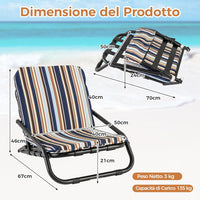 Set di 2 Sedie da Spiaggia, Sedia da Spiaggia Pieghevole con Cuscino, Sedie a Sdraio Basse Portatile, con Struttura in Metallo, Portata 135 kg, 67 x 50 x 46 cm