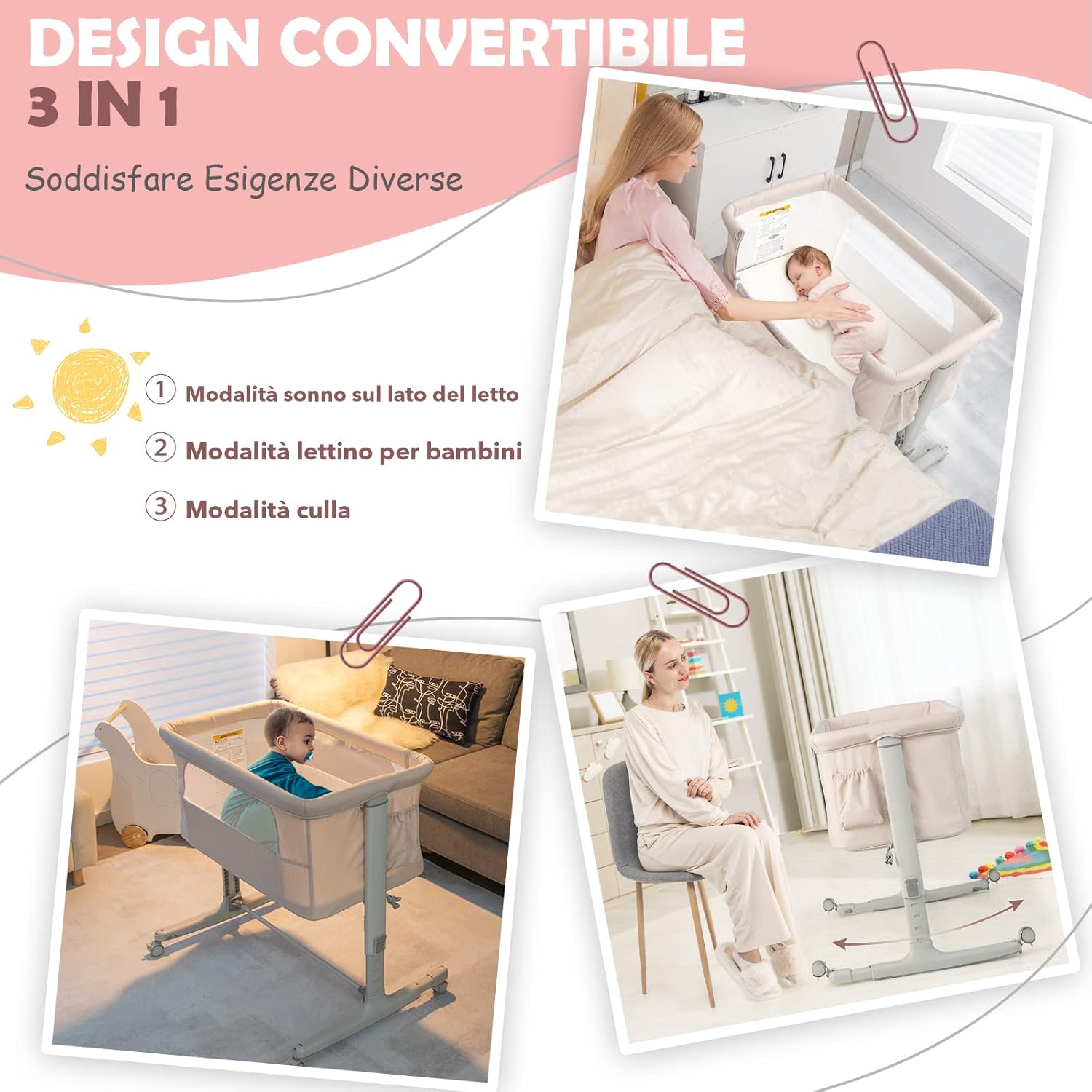 Culla Neonato Fianco Letto 3 in 1, Lettino Dondolo Neonati con Materasso, Culla da Campeggio con Ruote e Borsa, Regolabile In Altezza, Inclinazione di 10°, per Bambini 0-6 Mesi (Beige)