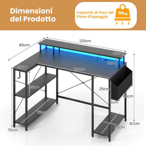 Scrivania Angolare da Gaming, Scrivania Salvaspazio a Forma di L con Luci LED, Stazione di Ricarica, Ripiani e Supporto per Monitor, Scrivania ad Angolo per Casa e Ufficio (Nero)