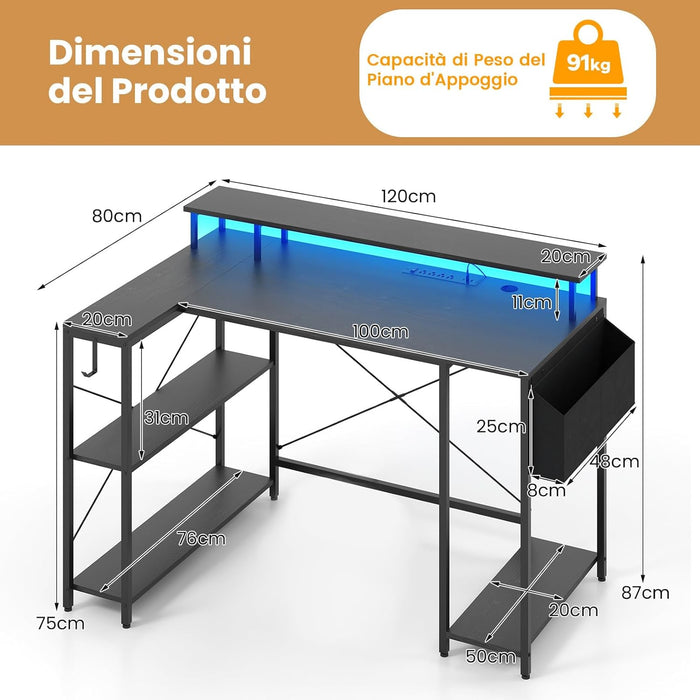 Scrivania Angolare da Gaming, Scrivania Salvaspazio a Forma di L con Luci LED, Stazione di Ricarica, Ripiani e Supporto per Monitor, Scrivania ad Angolo per Casa e Ufficio (Nero)