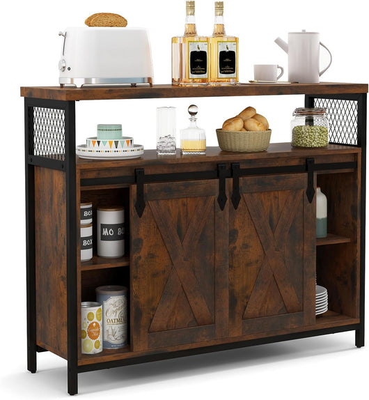 Credenza da Cucina con Ante Scorrevoli, Armadietto Organizzatore Ripiano Regolabile,3 Ripiani e 2 Scomparto con Porta, Marrone Vintage, per Sala da Pranzo Soggiorno, 100 cm x 33 cm x 80 cm