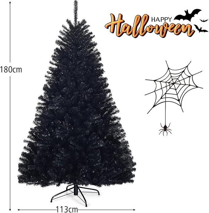 Albero di Natale Nero 180/225 cm, Albero di Natale con 1036/1258 Rami Folti e Base di Metallo con Cuscinetti Antiscivolo, Albero di Natale Realistico per Halloween (180x Ø112cm)