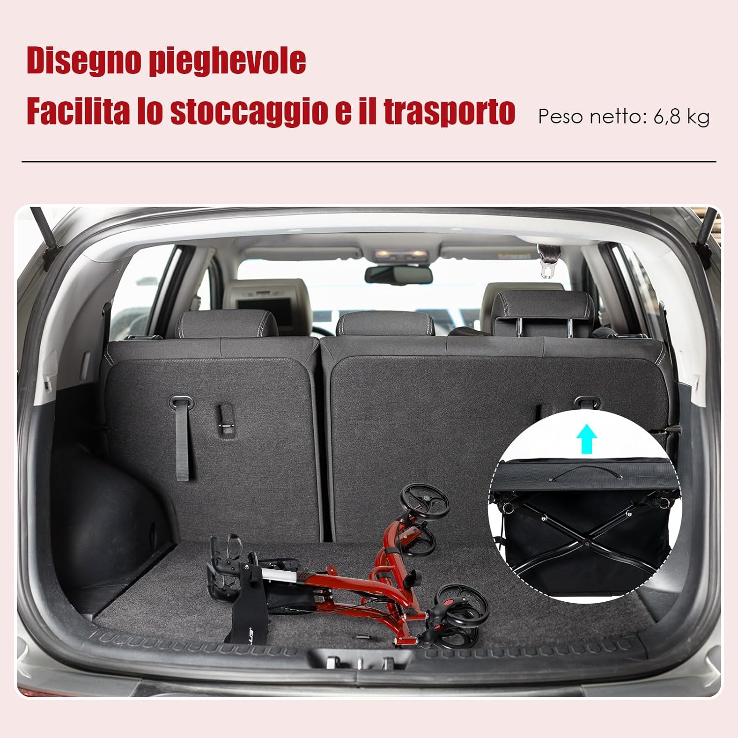 Deambulatore con Seduta 2 in 1, Rollator Pieghevole, Deambulatore per Anziani con 4 Ruote, Maniglie Regolabili Freni, con Doppia Funzione Schienale Reversibile e Borsa Portaoggetti (Rosso)