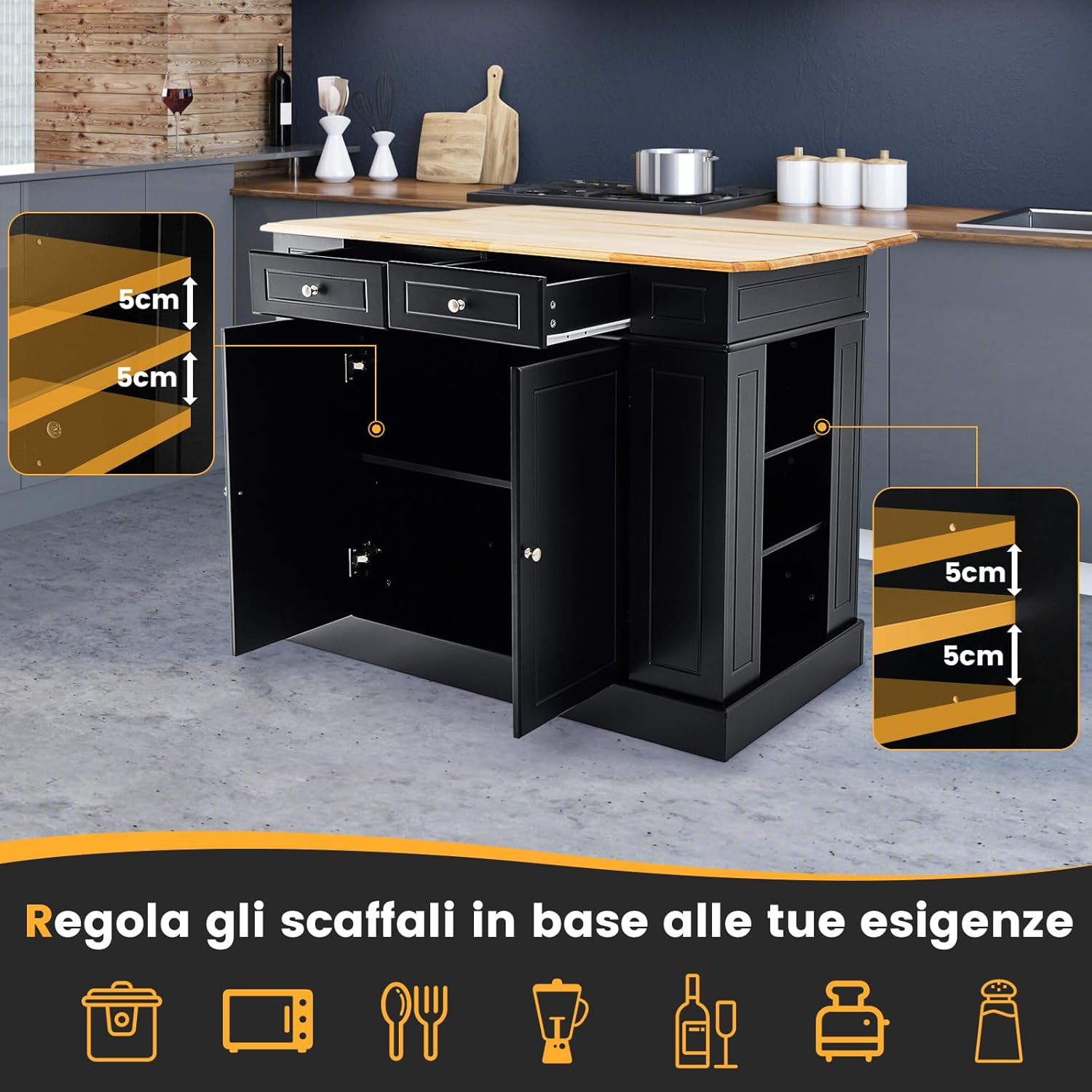 Credenza da Cucina in Legno, Isola da Cucina con Contenitore, con Ripiani Regolabili a 3 Livelli, 120 x 61 x 92 cm, Carico 200 kg (Nero)