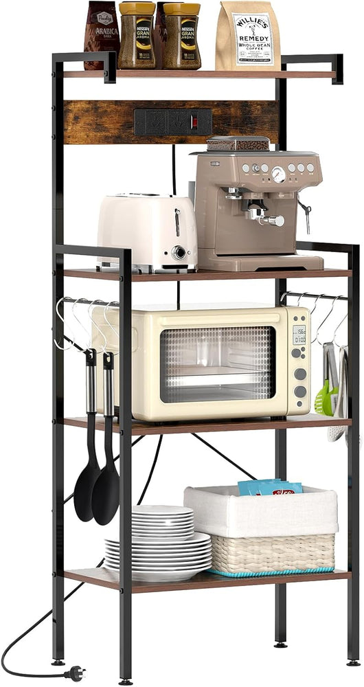 Scaffale da Cucina con Multipresa, Scaffale per Microonde su 4 Ripiani, Mensola da Cucina Struttura in Metallo con 8 Ganci, per Sala Pranzo e Pannettiera, 59 x 34 x 136 cm, Marrone Vintage