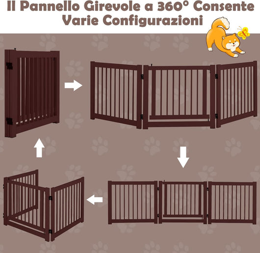 Cancelletto per Cani da Interno in Legno Massello, Design Girevole e Portatile, con 3 Ante, Cuscinetti Antiscivolo e Serratura, Ideale per Cani di Piccola/Media Taglia, 210 x 61 cm (Marrone)