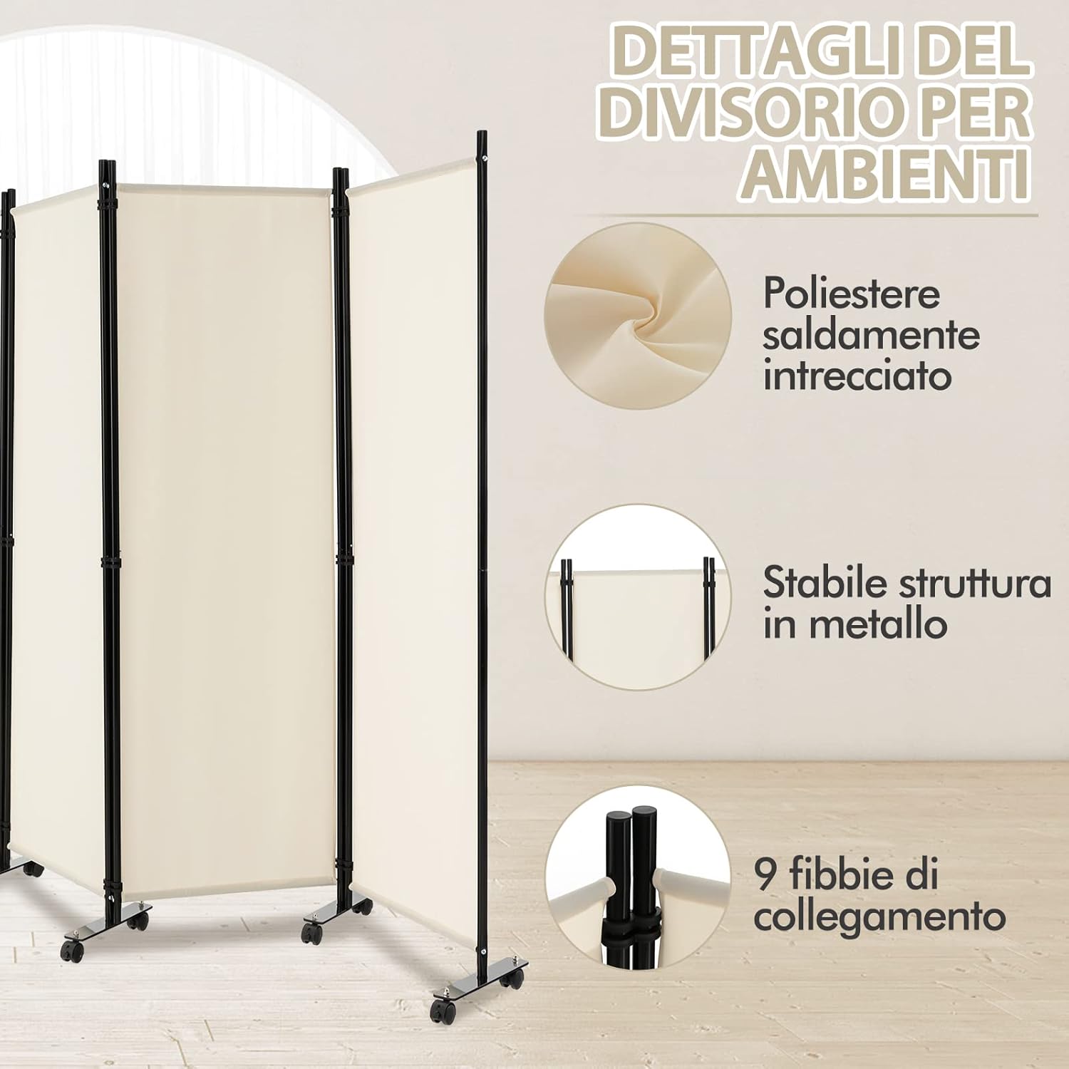 Paravento da Interno in Metallo, Separé Divisorio Interno Pieghevole con Piedini Stabili, Pannelli Divisori per Interni per Casa e Ufficio, Bianco, 225 x 173 cm, 4 Pannelli con ruote