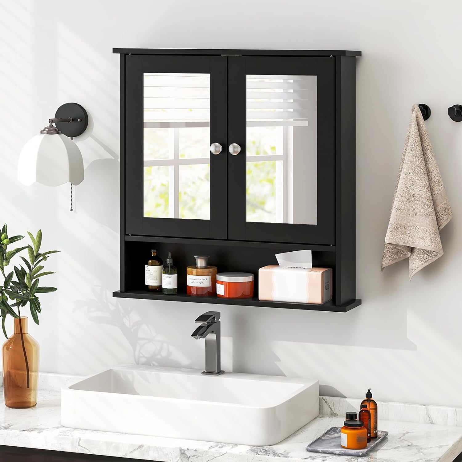 Armadietto da Bagno con Specchio, Armadietto da Parete con Ripiano Regolabile, Mobile da Parete per Bagno (Nero)
