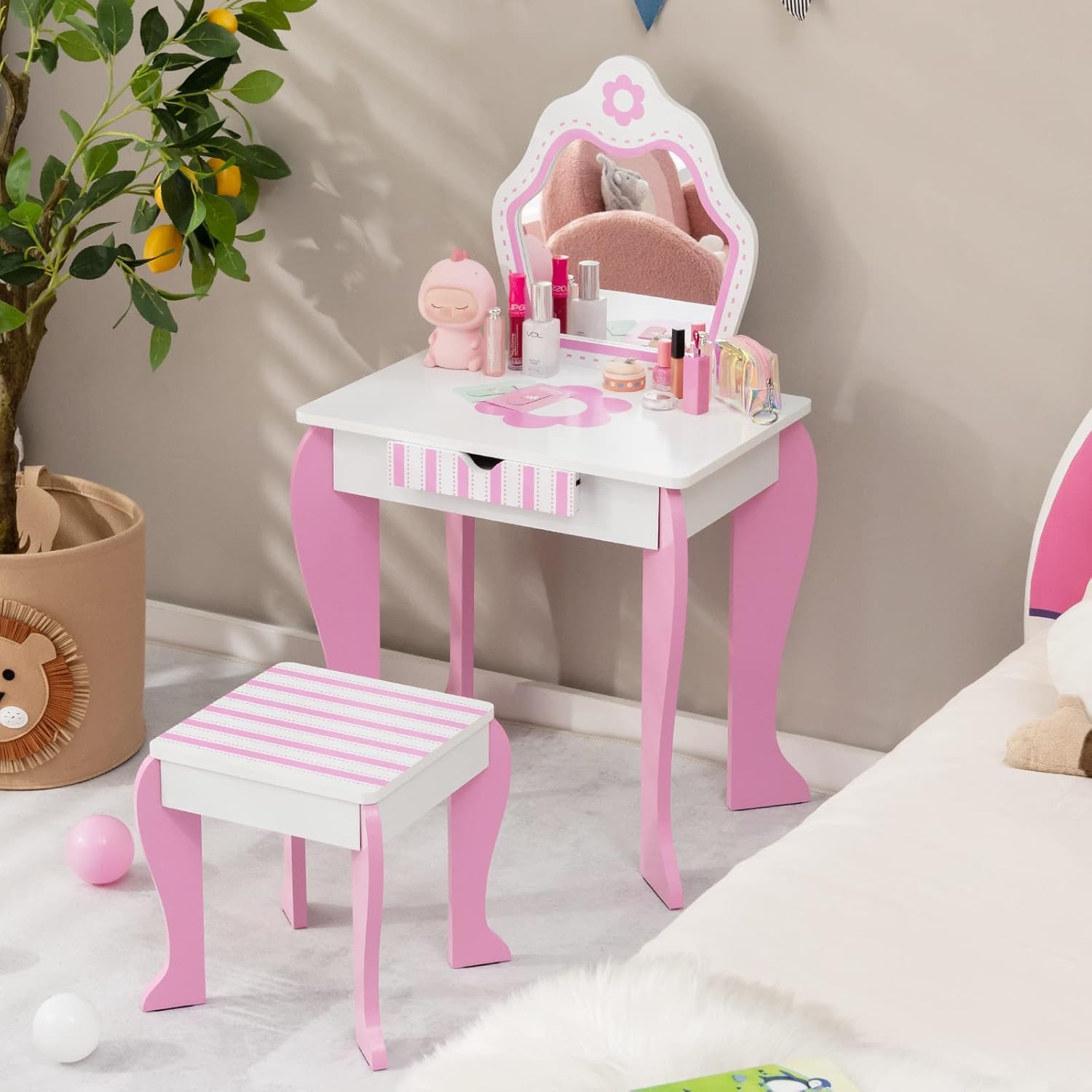 Toeletta Trucco per Bambina, Specchiera per Ragazzi in Legno, Postazione Trucco Robusto 2 in 1 con Cassetto, Sgabello e Specchio Staccabile, 49 x 34 x 86 cm, Bianco e Rosa