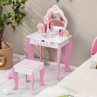 Toeletta Trucco per Bambina, Specchiera per Ragazzi in Legno, Postazione Trucco Robusto 2 in 1 con Cassetto, Sgabello e Specchio Staccabile, 49 x 34 x 86 cm, Bianco e Rosa