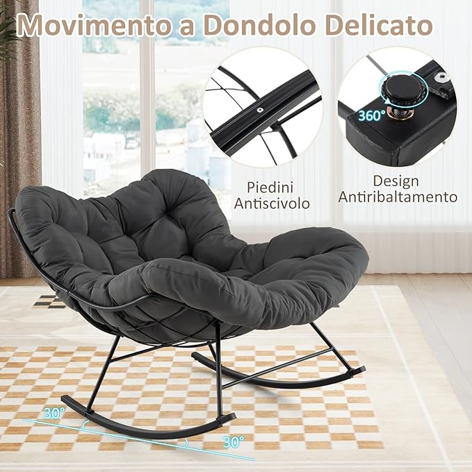 Sedia a Dondolo, Poltrona Relax Ergonomica, Poltrona Sovradimensionato con Cuscino Imbottito, Sedia a Uovo con Struttura Metallica, per Soggiorno Portico Giardino, Portata 205 kg (Grigio)