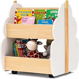 Libreria per Bambini in Legno, Scaffale di Stoccaggio a 2 Livelli per Bambini e Bambine, Organizzatore di Libri e di Giocattoli, Ideale per Caremetta e Nido, 52 x 46 x 62,5 cm (Bianco)